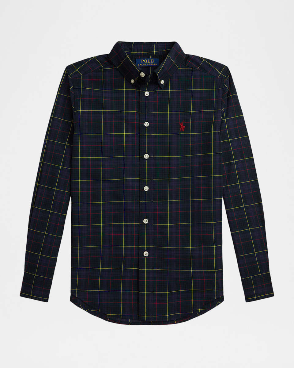 Boy's Plaid Cotton Poplin Button-Front Shirt, Size S